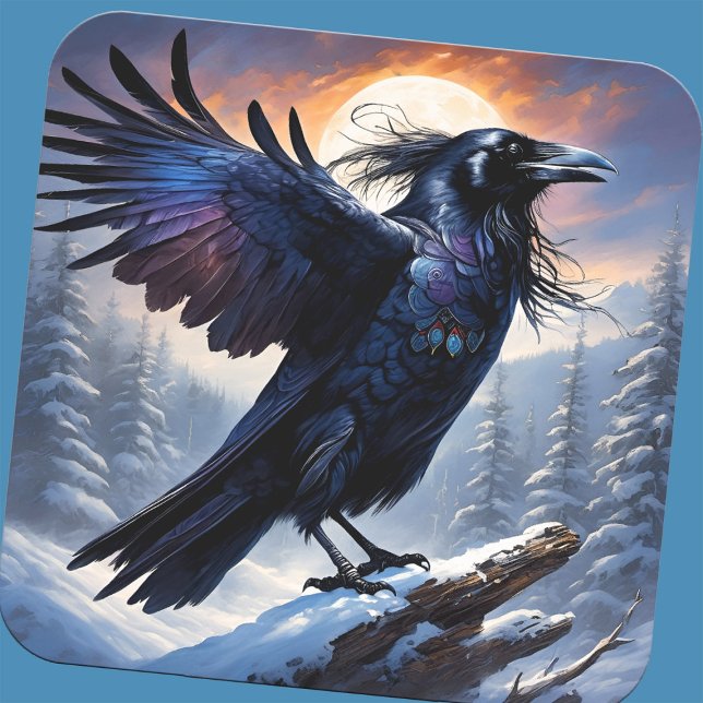 Sticker Carré Raven Spirit Hiver Solstice Pleine lune Forêt Oise (Winter solstice raven sticker)