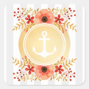 Sticker Carré Rayé floral d'aquarelle nautique d'Ancre d'or