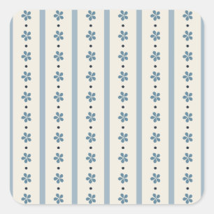 Sticker Carré Rayures Bleues Et Crème Et Fleurs
