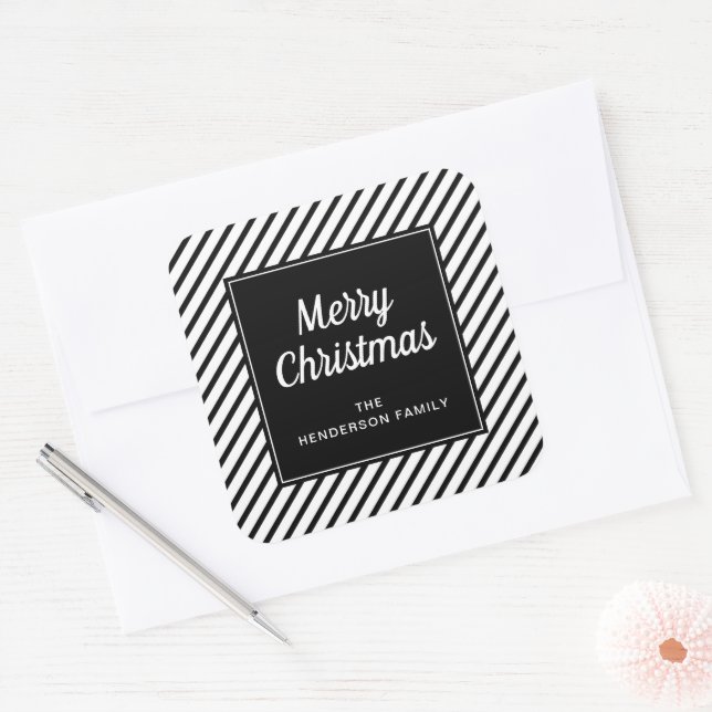 Sticker Carré Rayures Noir Et Blanc Modernes Joyeux Noël (Enveloppe)