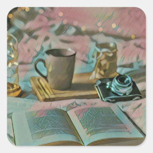 Sticker Carré Read books, café