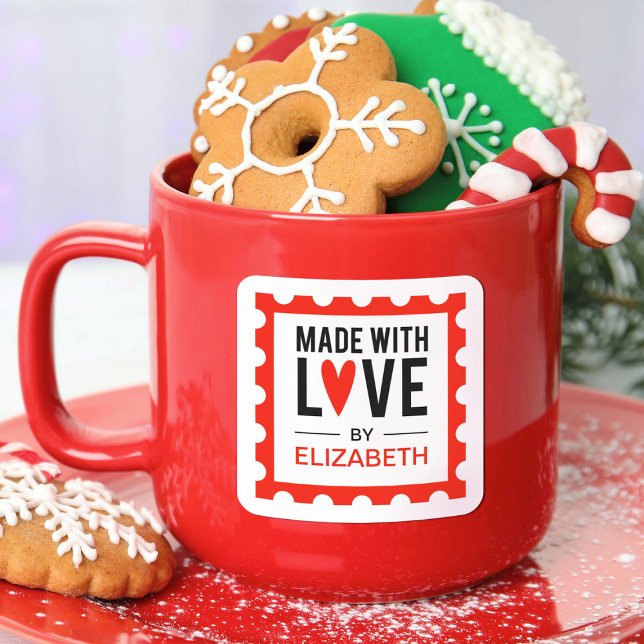 Sticker Carré Réalisé Avec L'Autocollant Coeur Rouge D'Amour (A cute made with love sticker in with a stamp border. Personalize with your name)