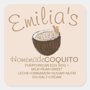 Sticker Carré Recette de Coquito Boisson Coco Ingrédient Dessiné