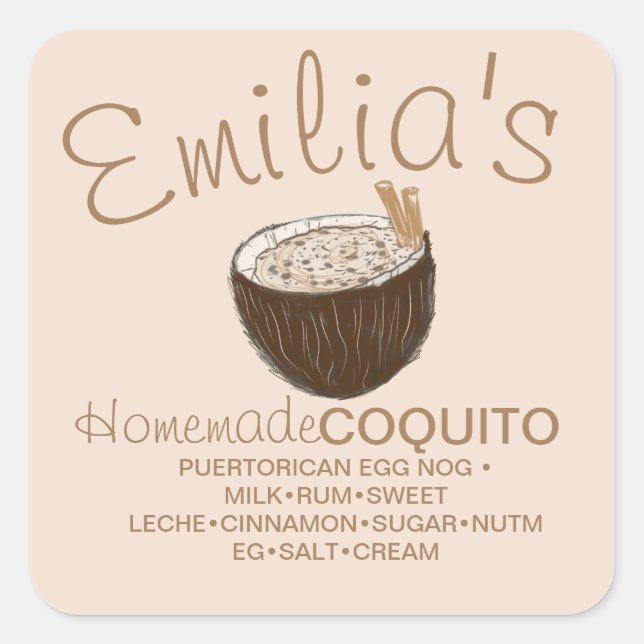 Sticker Carré Recette de Coquito Boisson Coco Ingrédient Dessiné (Devant)