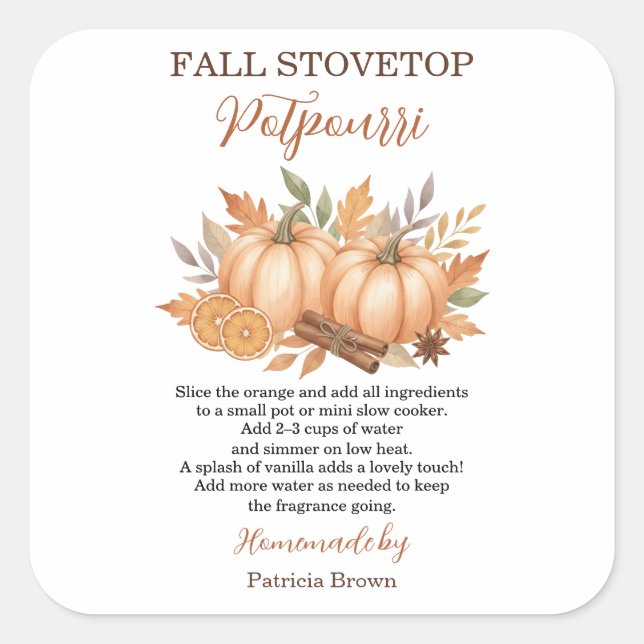 Sticker Carré Recette de pot-pourri de poêle d'automne Citrouill (Devant)