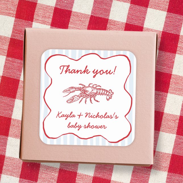Sticker Carré Réchauffe-poisson Baby shower sud rouge et bleu (Crawfish Boil Southern Red & Blue Baby Shower Square Sticker)