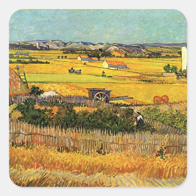 Sticker Carré Récolte à La Crau, Montmajour par Vincent van Gogh (Devant)