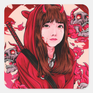 Sticker Carré Red Anime Demon Slayer Girl