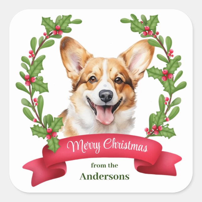 Sticker Carré Red Banner Holly Corgi Dog Christmas (Devant)