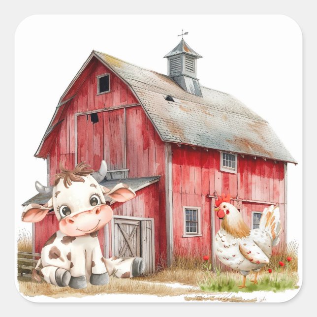 Sticker Carré Red Barn Cute Cow and Chicken Boy Anniversaire Par (Devant)