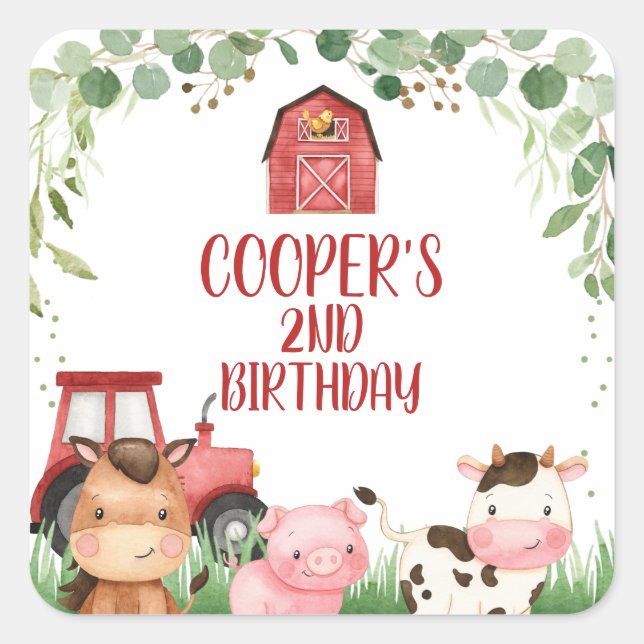Sticker Carré Red Barn Tractor Farm Anniversaire Favoriser Stick (Devant)