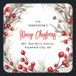 Sticker Carré Red Berry Christmas Wath Return Adresse<br><div class="desc">Enlevez la pression d'envoyer des cartes de fin de année de Noël cette année avec ces étiquettes d'adresse de retour de la couronne de fruits rouges festifs. Doté d'une couronne d'aquarelle de baies rouges et de feuillage botanique. Le script de calligraphie et un modèle d'étiquette d'adresse de retour sont faciles...</div>