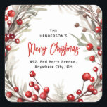 Sticker Carré Red Berry Christmas Wath Return Adresse<br><div class="desc">Enlevez la pression d'envoyer des cartes de fin de année de Noël cette année avec ces étiquettes d'adresse de retour de la couronne de fruits rouges festifs. Doté d'une couronne d'aquarelle de baies rouges et de feuillage botanique. Le script de calligraphie et un modèle d'étiquette d'adresse de retour sont faciles...</div>