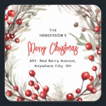 Sticker Carré Red Berry Christmas Wath Return Adresse<br><div class="desc">Enlevez la pression d'envoyer des cartes de fin de année de Noël cette année avec ces étiquettes d'adresse de retour de la couronne de fruits rouges festifs. Doté d'une couronne d'aquarelle de baies rouges et de feuillage botanique. Le script de calligraphie et un modèle d'étiquette d'adresse de retour sont faciles...</div>