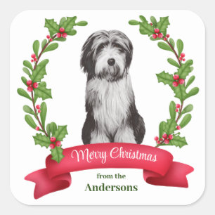 Sticker Carré Red Berry Holly Banner Beardie Chien Noël