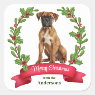 Sticker Carré Red Berry Holly Banner Boxe Chien Noël