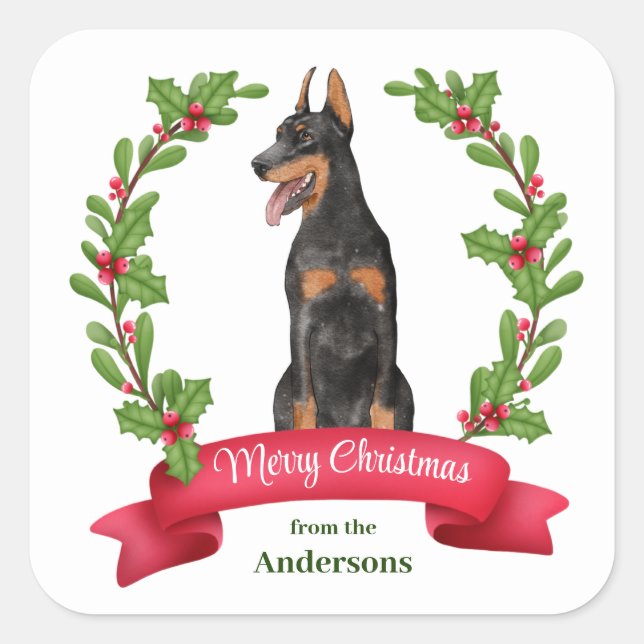 Sticker Carré Red Berry Holly Banner Doberman Pinscher Noël (Devant)