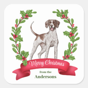 Sticker Carré Red Berry Holly Banner Pointer Chien Noël