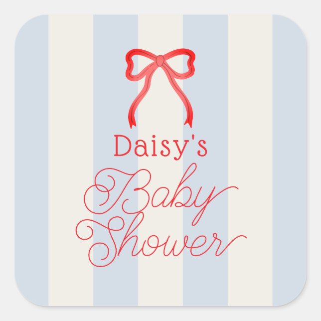 Sticker Carré Red Bow & Pale Blue Stripes Baby Shower (Devant)