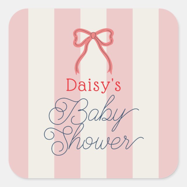 Sticker Carré Red Bow & Pink Stripes Baby Shower (Devant)