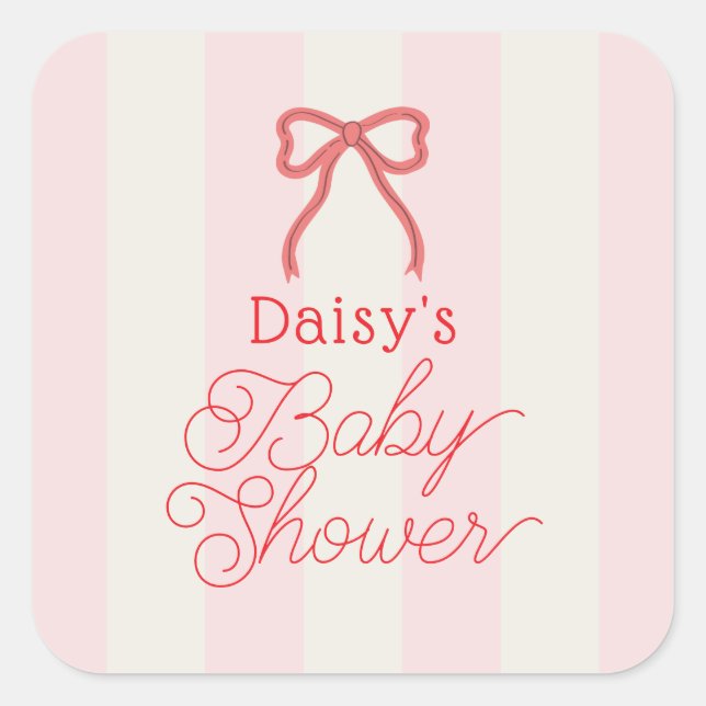 Sticker Carré Red Bow & Pink Stripes Baby Shower (Devant)