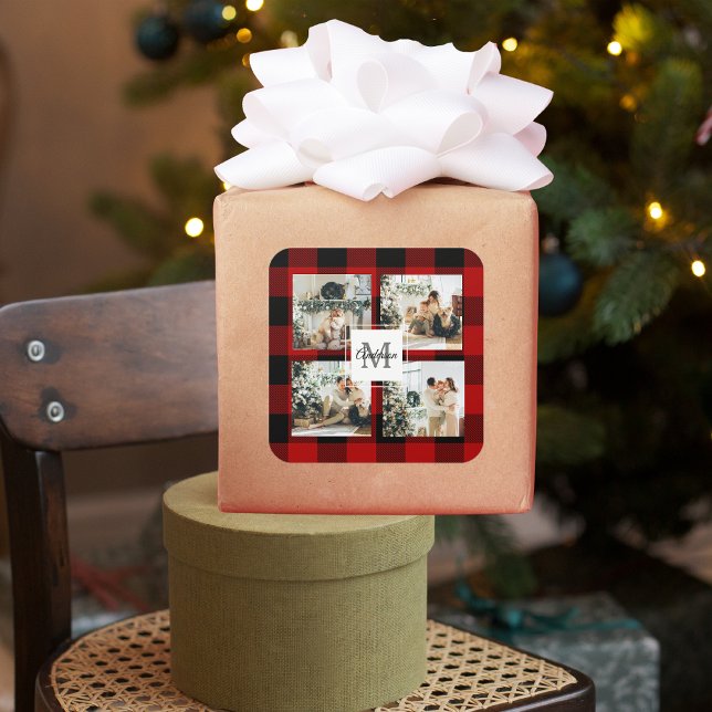 Sticker Carré Red Buffalo Plaid & Collage Photo Avec Initiale (Créateur téléchargé)