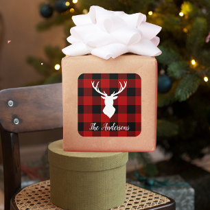 Sticker Carré Red Buffalo Plaid & Deer Nom personnel Cadeau
