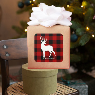 Sticker Carré Red Buffalo Plaid & Deer   Nom personnel Cadeau
