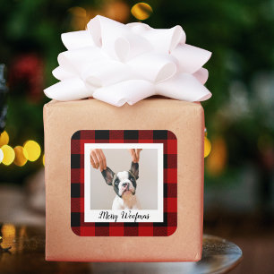 Sticker Carré Red Buffalo Plaid & Joyeux Woofmas Avec Photo Chie
