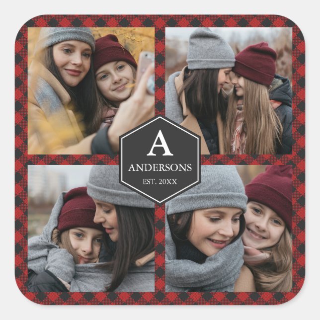 Sticker Carré Red Buffalo Plaid Lumberjack Family Photo Collage (Devant)