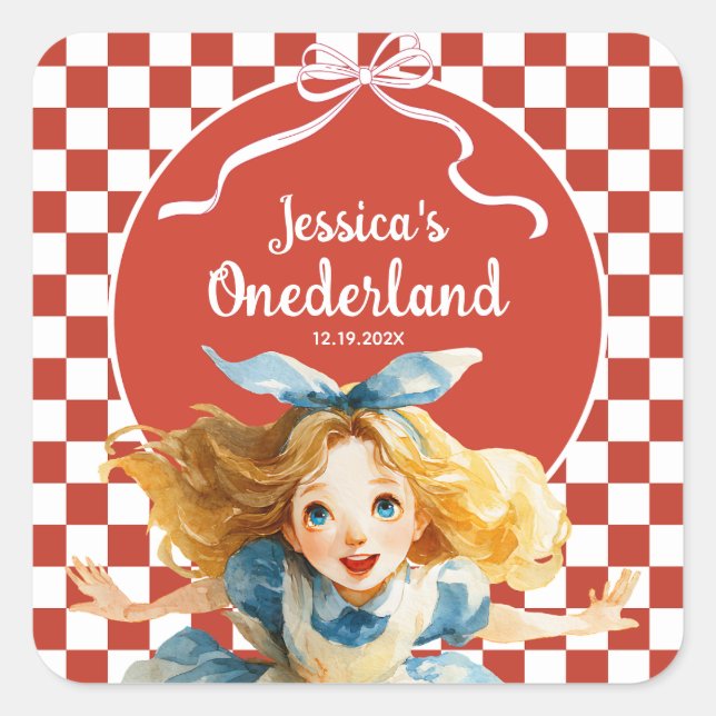 Sticker Carré Red Checkered Alice in ONEDERLAND 1st Birthday  (Devant)