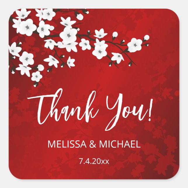 Sticker Carré Red Cherry Blossom Thank You Wedding Favor   (Devant)