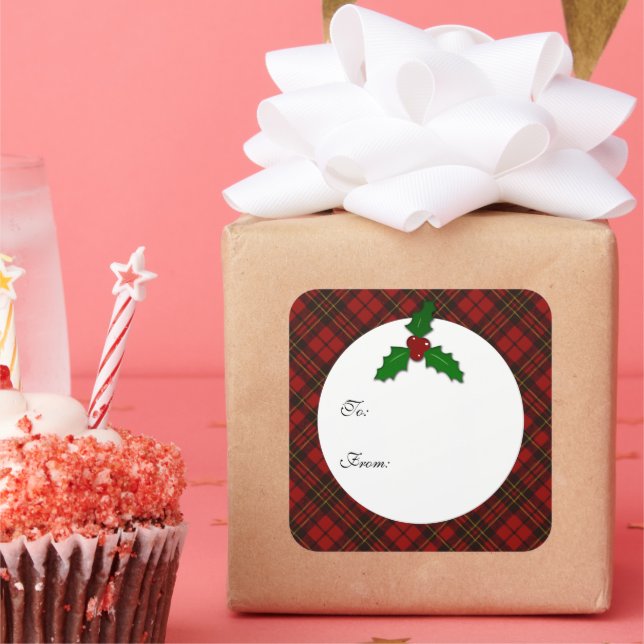 Sticker Carré Red Christmas tartan Holly twig Votre texte Balise (Fête)