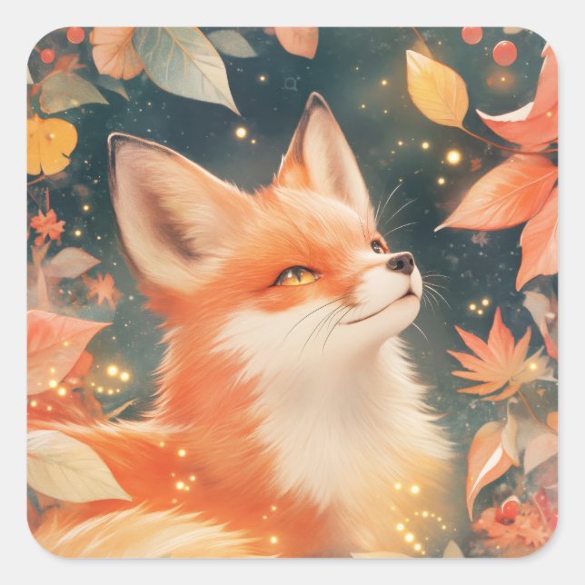 Sticker Carré Red Fox Peeking Through Glowing Autumn Leaves (Devant)