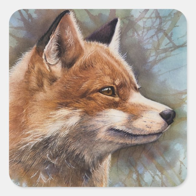 Sticker Carré Red Fox Profil Portrait Aquarelle Arrière - plan A (Devant)