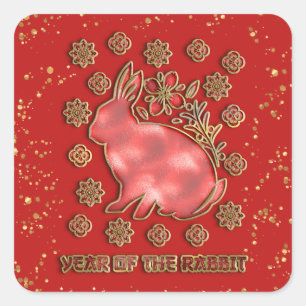 Sticker Carré Red Gold 2023 Rabbit Lunaire Chinois Nouvel An