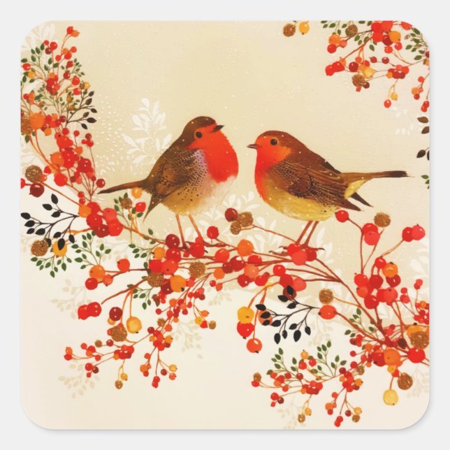 Sticker Carré Red Gold Winter Birds Holly Berry Branches (Devant)