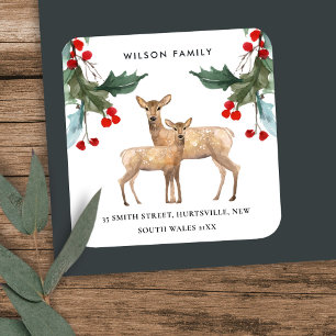 STICKER CARRÉ RED GREEN HOLLY BERRY DEER DUO ADRESSE DU NOUVEL A