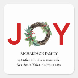 STICKER CARRÉ RED GREEN HOLLY BERRY JOY WREATH ADRESSE NOËL