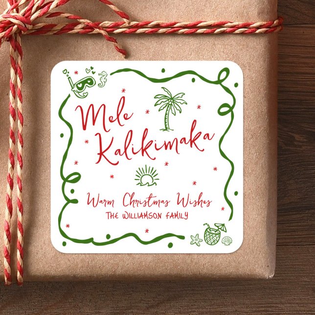 Sticker Carré Red Green Mele Kalikimaka Hand Drawn Fun Christmas (Créateur téléchargé)