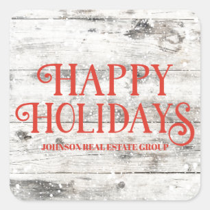 Sticker Carré Red Happy Holidays on Wood   Salutations