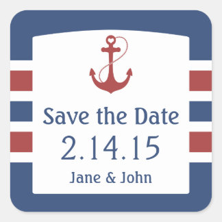 Sticker Carré Red Heart Ancre nautique Enregistrer la date