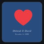 Sticker Carré Red Heart Blue Modern Minimalist Wedding<br><div class="desc">You can easily change the fonts and colors. You can also add your logo and the background image as you like.</div>