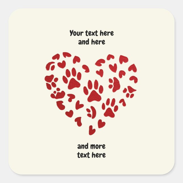Sticker Carré Red Hearts & Paws, Pets, Dogs, Cats, Customizable (Devant)
