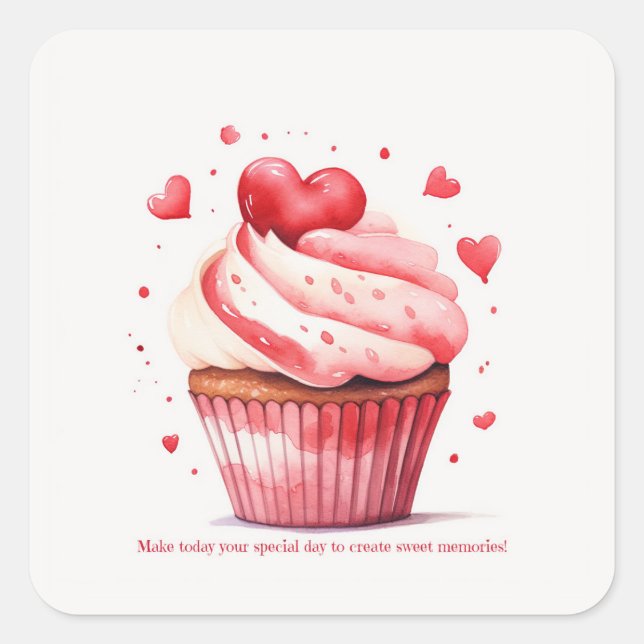Sticker Carré Red Hearts Sweet Cupcake Valentine's Day Card (Devant)