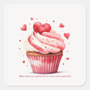 Sticker Carré Red Hearts Sweet Cupcake Valentine's Day Card