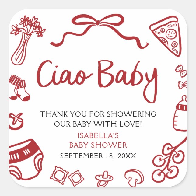 Sticker Carré Red Italian Hand Drawn Pizza Ciao Baby Baby Shower (Devant)