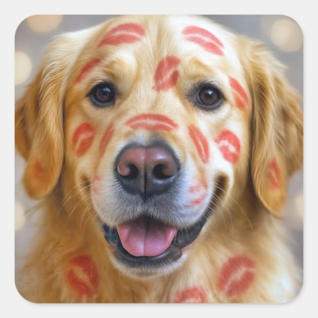 Sticker Carré Red Lipstick Kisses On a Golden Retriever (Devant)