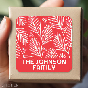 Sticker Carré Red Merry Calligraphie branches de pin blanc type