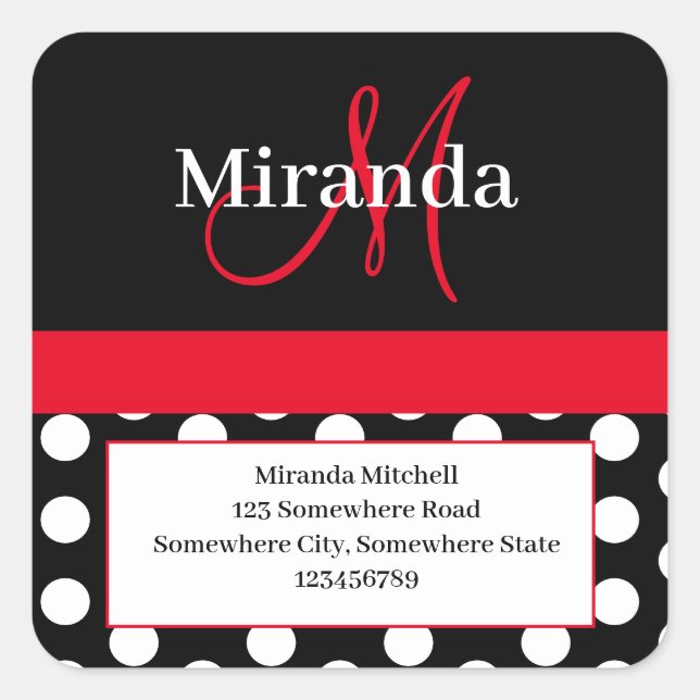 Sticker Carré Red Monogram White Polka Dot Adresse de retour (Devant)